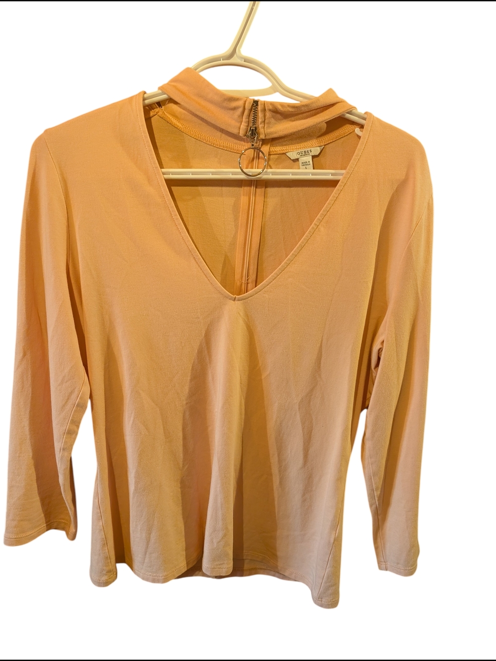 Guess Peach Long Sleeve V-Neck Top with Choker Detail
